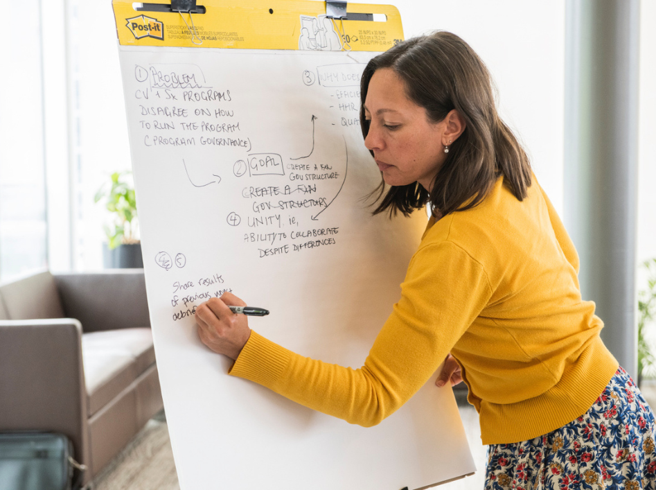 A professor drawing a diagram on a large Post-it note.